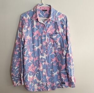 Athleta Pink and Blue Floral Flannel Shirt Size Large